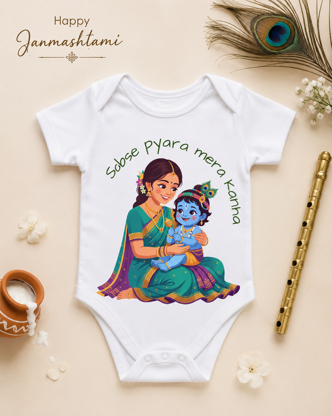 Little Krishna Baby Romper | Yashoda Kanha Janmashtami Onesie | Sabse Pyara Mera Kanha Baby Outfit